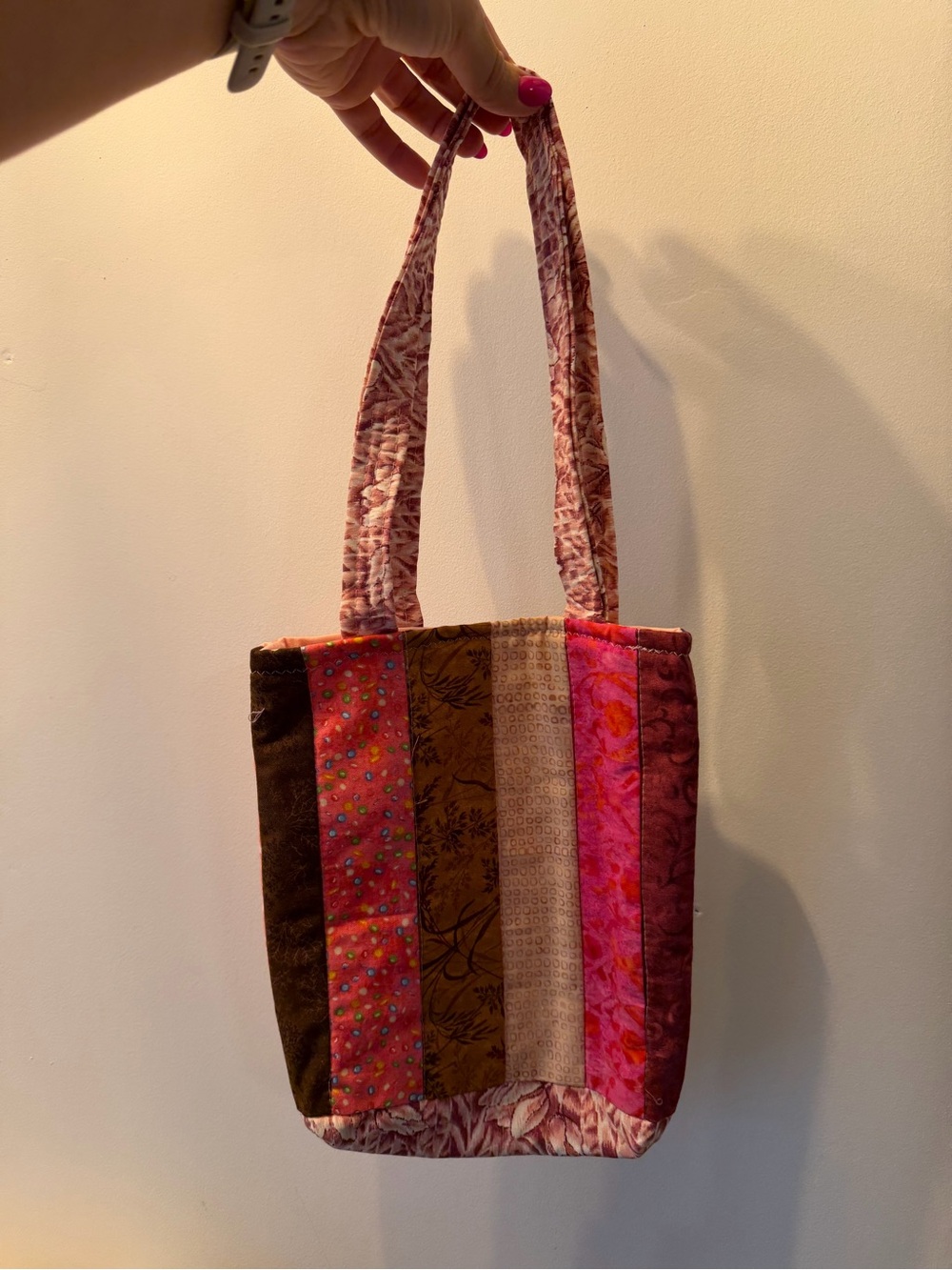 Handmade Patchwork Quilt Tote Bag in Pink and Brown